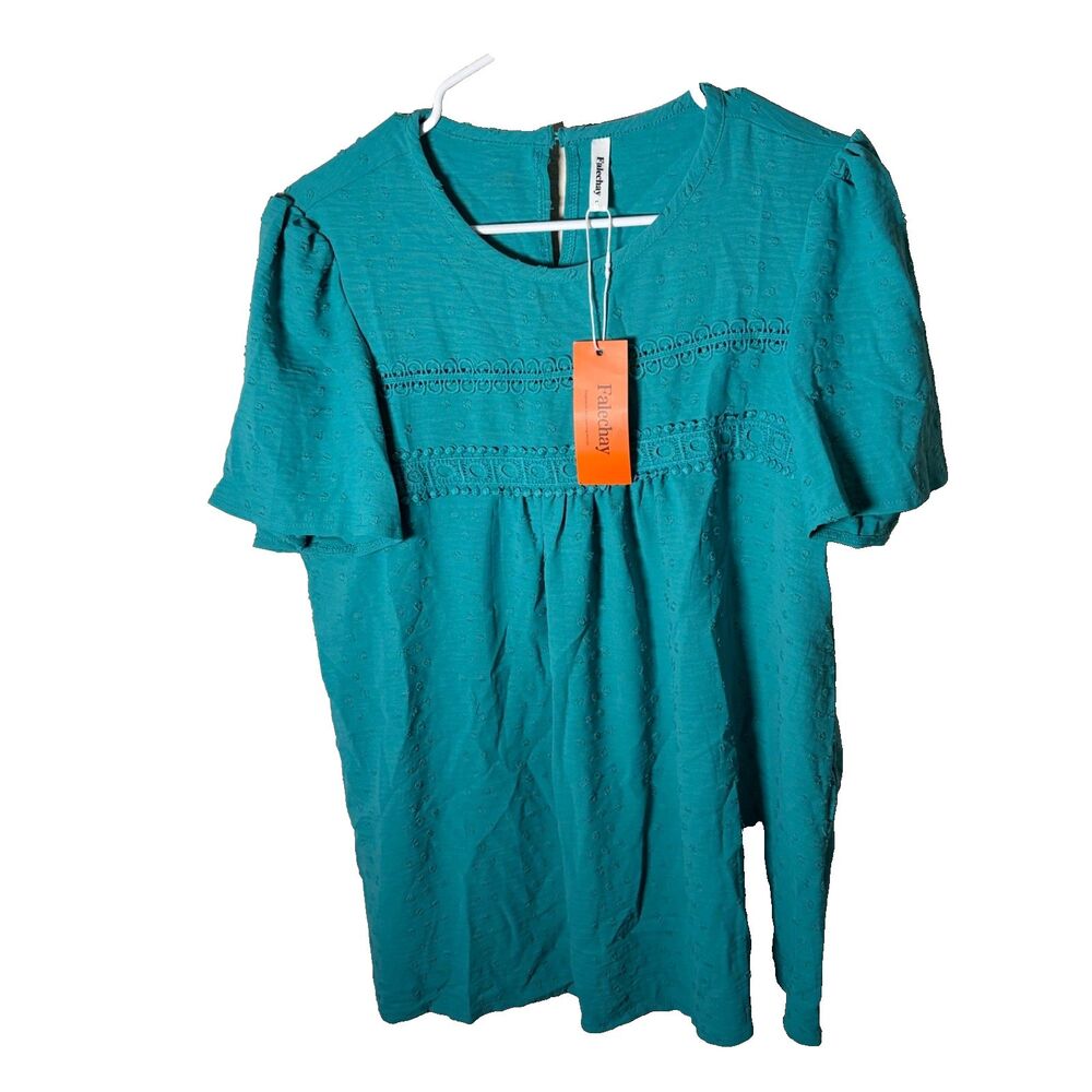Falechay Blouse Women's Large Teal Eyelet Short Sleeve Casual Round Neck